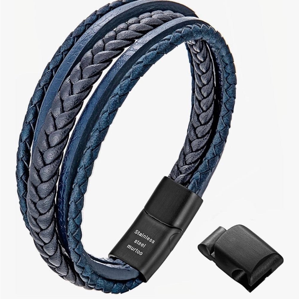 Men's Multi-Strand Braided Leather Bracelet in Navy Blue